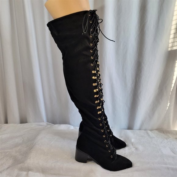 * So Me Black Over The Knee Lace Up Block Heel Boots - Picture 6 of 7